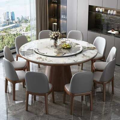 岩板餐桌意式轻奢圆形餐厅吃饭桌子全实木框架大圆桌带电磁炉餐桌