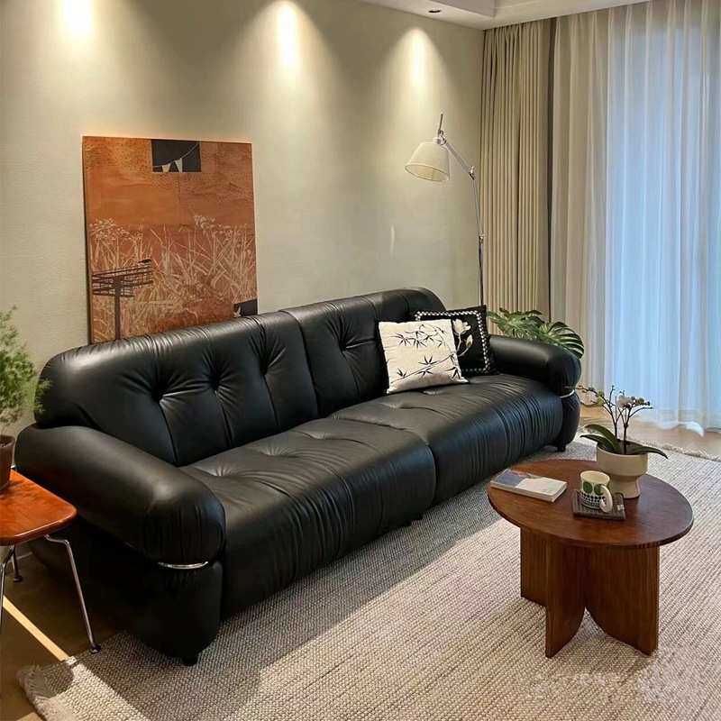 奶油风白色皮艺沙发客厅家用黑色猫抓皮三人沙发民宿极简休闲沙发