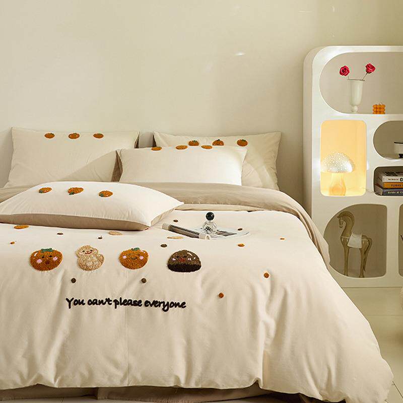 A类小清新100S长绒棉磨毛床上四件套纯棉毛巾绣被套全棉床单床品4