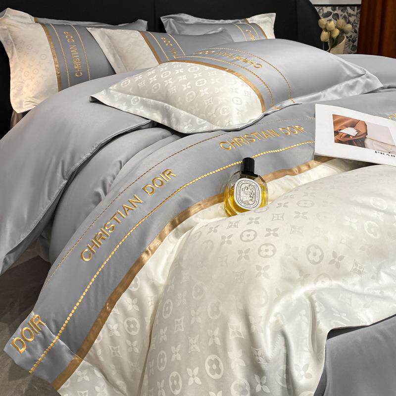 2023新款夏季冰丝床单被套水洗真丝提花绣花四件套极简风外贸跨境