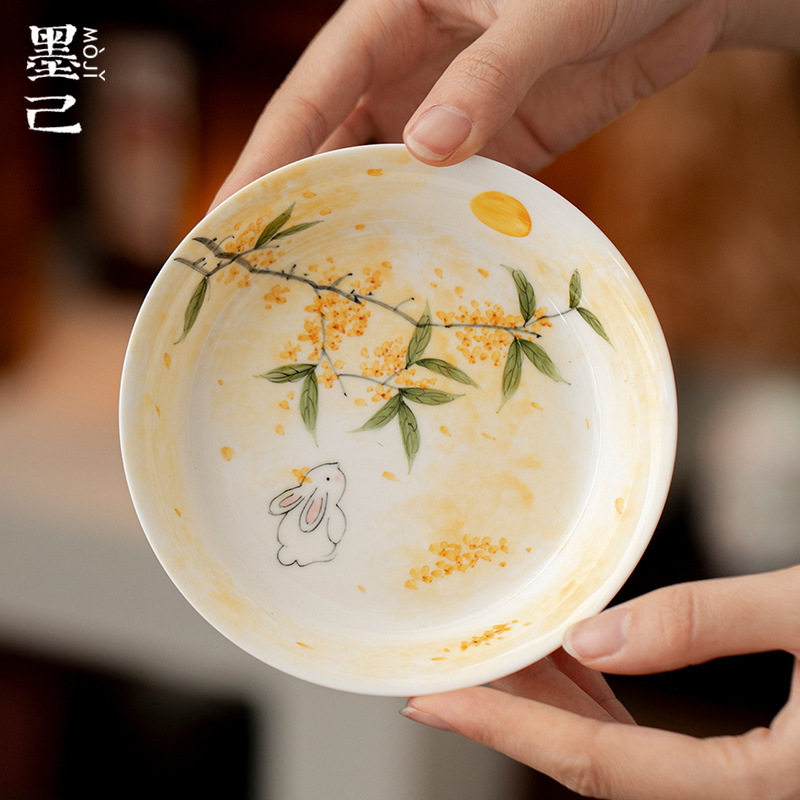 唐宋玉泥白瓷手绘桂下萌兔陶瓷壶承茶道配件圆形瓷盘茶点盘瓜果盘