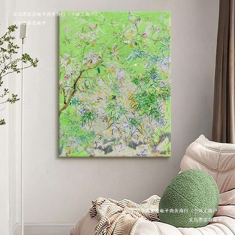 花卉肌理挂画感客厅装饰画植物纯手绘油画玄关画抽象大气绿色