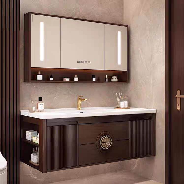 现代新中式浴室柜组合陶瓷一体盆实木洗漱台吊柜烤漆洗脸盆定制