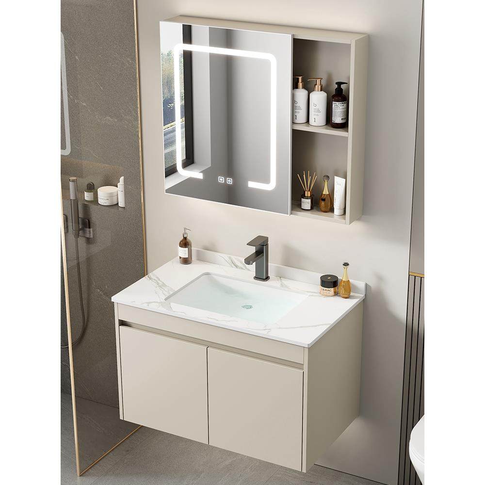 家用奶油风挂墙式太空铝洗手盆柜组合卫生间洗脸盆陶瓷一体洗漱台