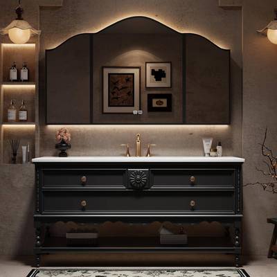 法式复古浴室柜组合橡木岩板热弯一体盆卫生间洗漱台洗手盆落地柜