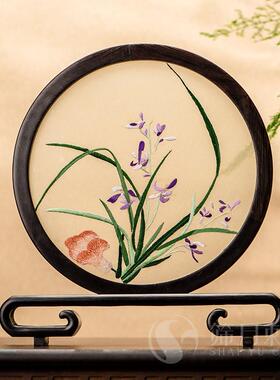 苏绣桌面屏风创意刺绣摆件中国风中式家居红木台屏手工双面绣摆台