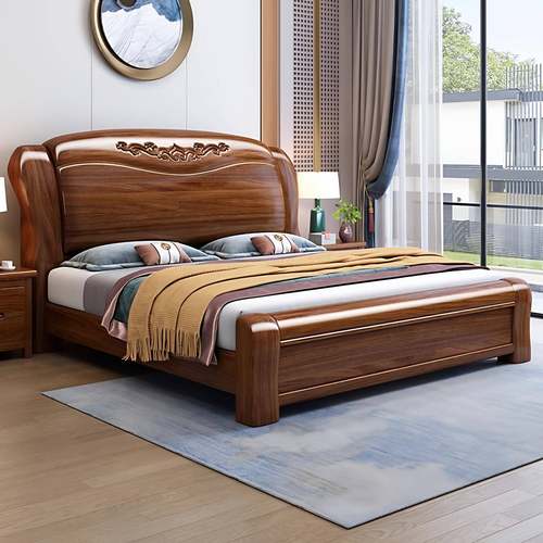 2025新款胡桃木实木床1米8双人床现代简约家用主卧室中式婚床1.5m