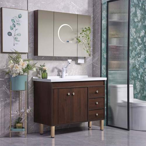 新款胡桃木浴室柜落地式卫生间陶瓷一体盆洗手池洗脸盆卫浴柜组合