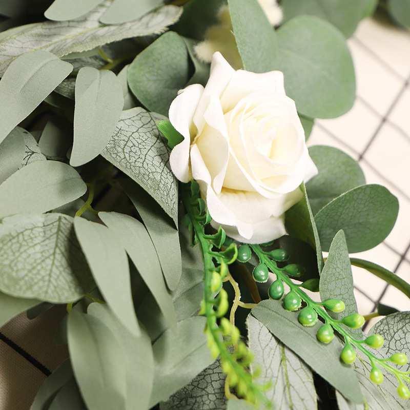 鸿禹圣诞节装饰花环仿真柳叶尤加利玫瑰塑料圈春季家居花环亚马逊