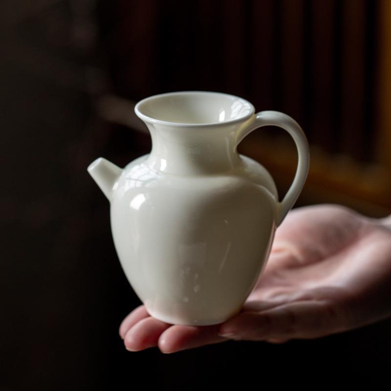 杏白仿宋瓜棱执壶带把绿茶壶陶瓷公杯花瓶壶手执公道杯茶海分茶器