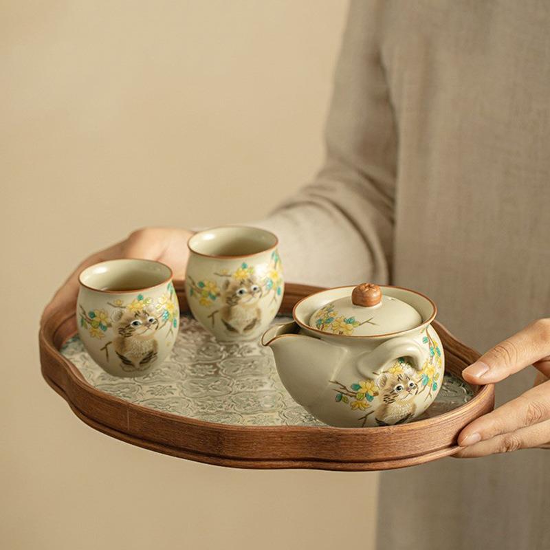 汝窑猫咪手抓壶家用盖碗茶杯茶盘茶具泡茶壶一壶二杯防烫单壶喝茶