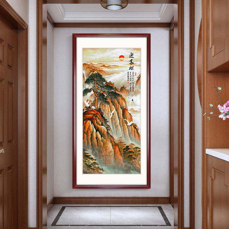 云锦迎客松风景国画新中式玄关过道走廊挂画餐厅山水装饰画织锦画