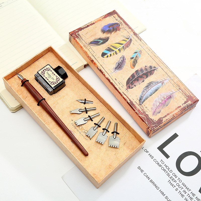 厂家直供木制蘸水笔同学教师礼品笔羽毛盒墨水6笔尖复古钢笔套装