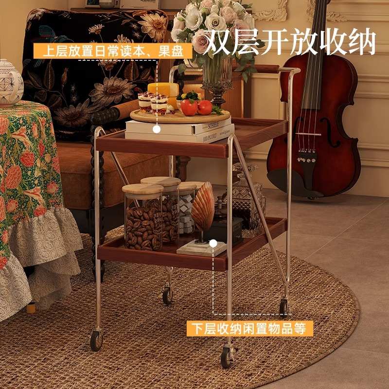 实木可移动小推车复古双层收纳边几客厅沙发边柜床头置物架餐边桌