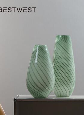 Best west 绿色春笋条纹水培小口玻璃花瓶摆件家居软装装饰品花器