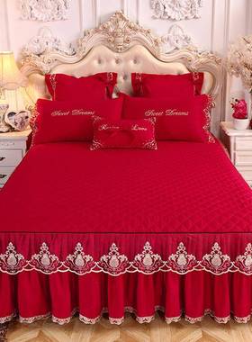 婚庆大红色夹棉床裙式床罩单件公主风蕾丝刺绣花边加厚保护套防滑