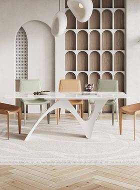 意式极简岩板餐桌椅组合异形创意奶油风白色长方形小户型餐厅餐台