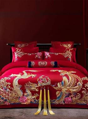 九喜狐婚庆家纺结婚床上用品全棉红色四件套备婚喜被婚房布置嫁妆