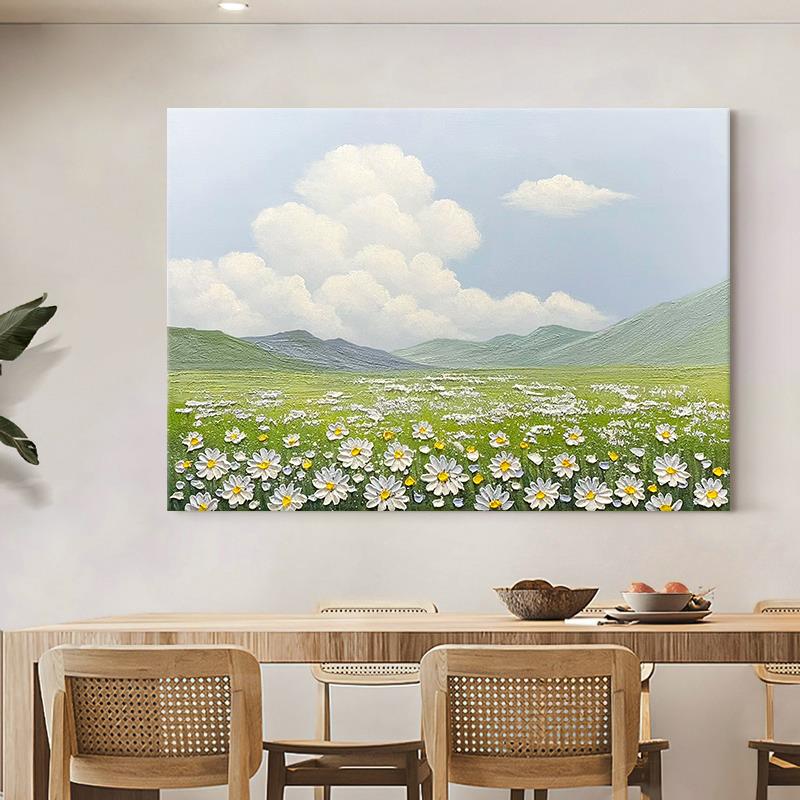 餐厅小雏菊花海手绘油画客厅蓝天白云装饰画玄关抽象风景肌理挂画
