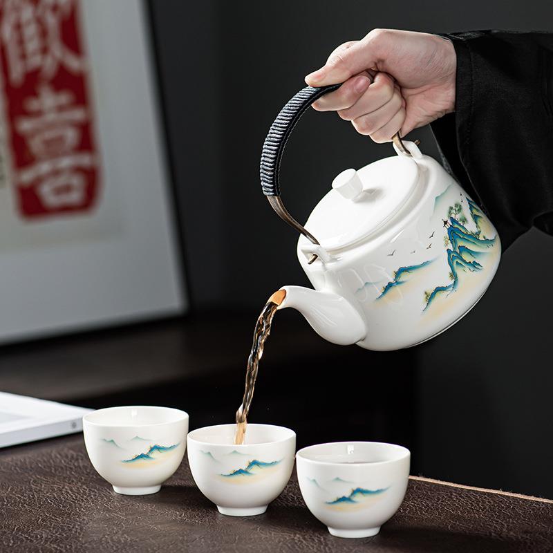 HU大号茶壶茶盘陶瓷青花瓷功夫提梁壶家用简约茶具套装一壶六杯