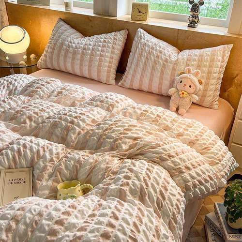 新款方格条纹泡泡纱水洗棉四件套家用床单款床笠款学生宿舍三件套