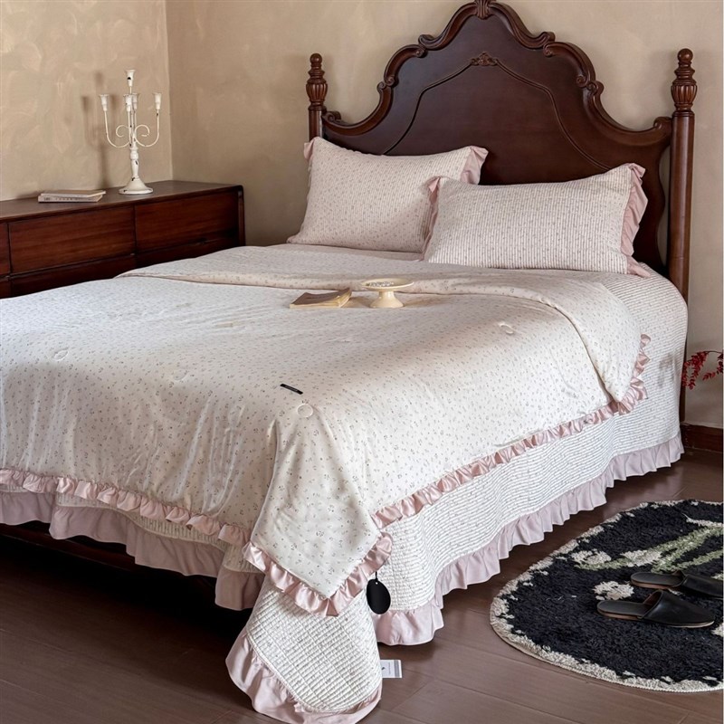 法式复古花卉凉感莫代尔床盖三件套田园风荷叶边空调双人夏凉被芯