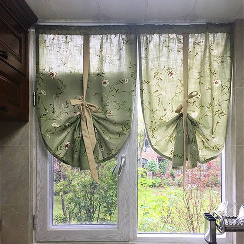美式乡村地中海复古绿底枝蔓提拉帘半帘窗帘