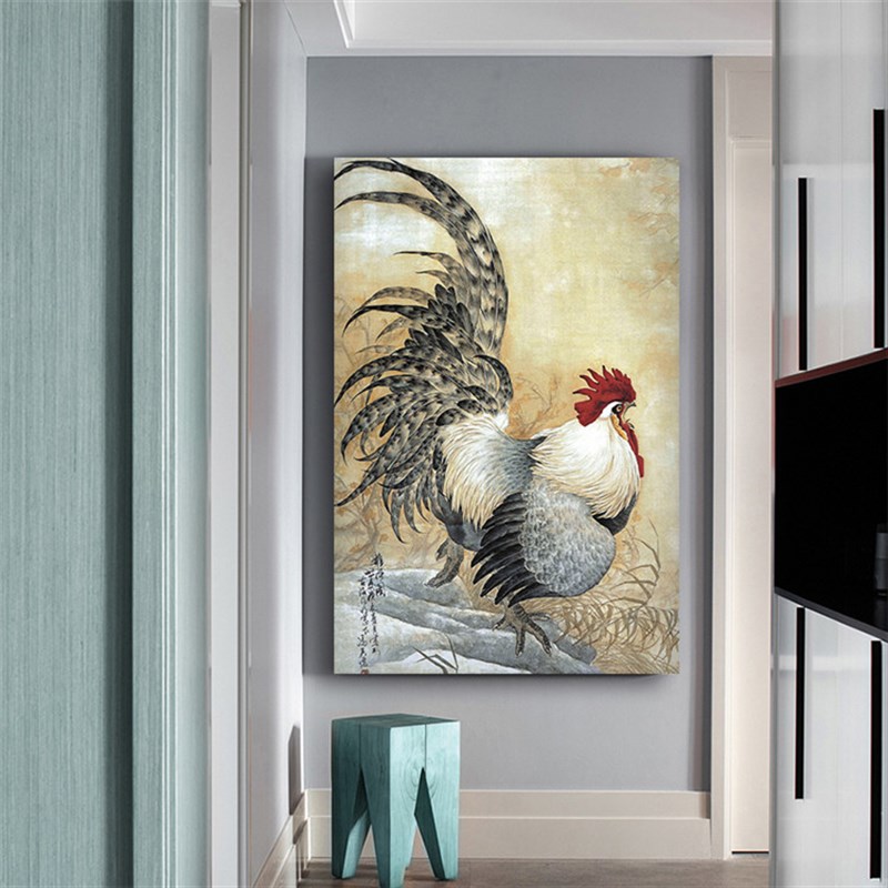 公鸡画镇宅鸡图案的画公鸡中式玄关装饰画竖版单幅客厅过道国画