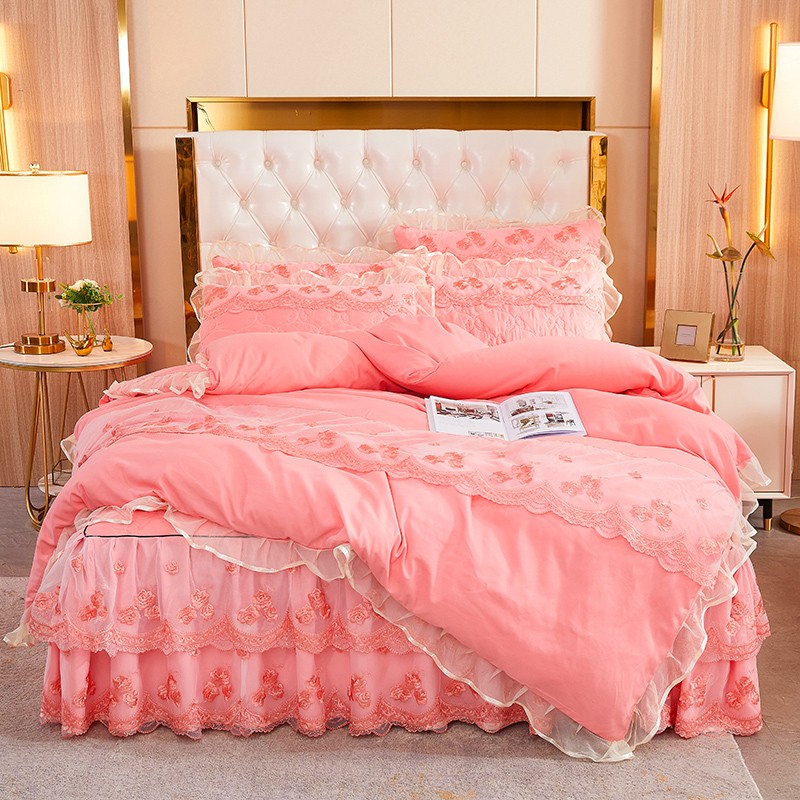 韩版网红公主蕾丝夹棉床裙4件套防滑床罩3件套纯色花边被套四季款