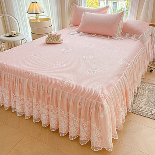 夏季凉感豆豆床裙单件高档冰丝凉席公主风蕾丝花边空调软席子床罩