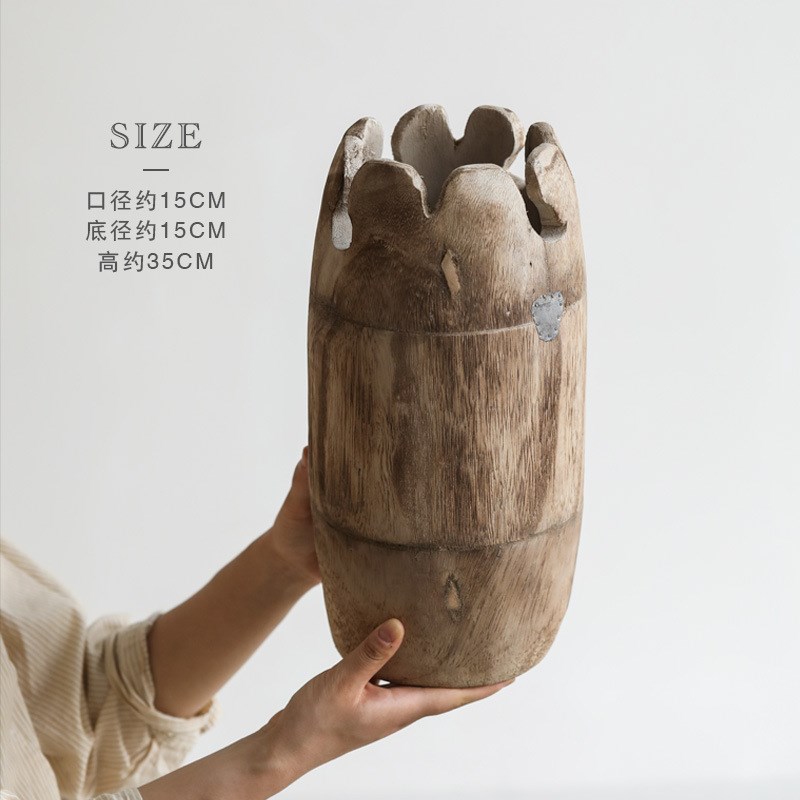 跨境木制圆桶花插泡桐木手工打磨复古民宿实木花瓶摆件木质工艺品