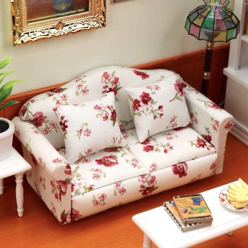 1:12迷你娃娃屋沙发微缩场景OB11用布艺双人沙发摆件仿真沙发模型