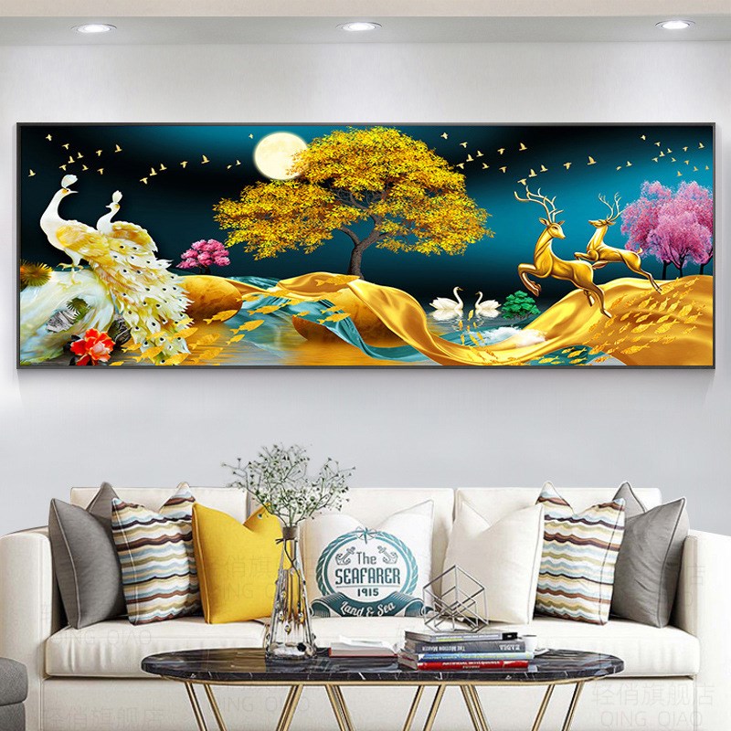 手工5d钻石画中式客厅招财麋鹿点贴钻十字绣线绣大幅满钻孔雀2023