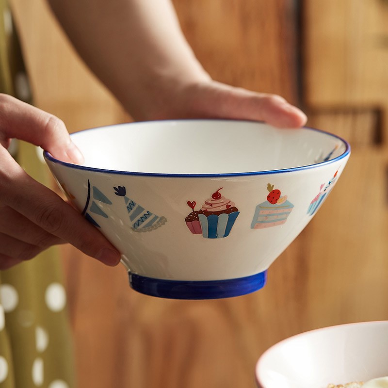 猫咪高脚面碗斗笠碗家用创意可爱吃泡面碗沙拉碗单个陶瓷汤碗大号