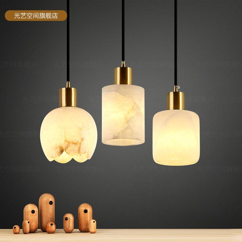 全铜轻奢新中式高档酒店卧室床头吧台灯西班牙天然进口云石单吊灯