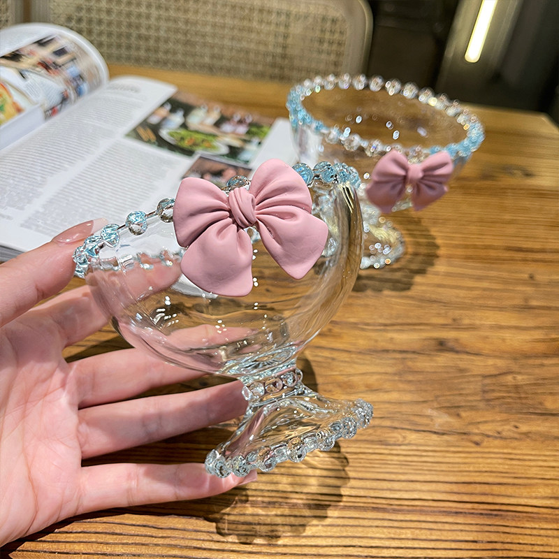 【老板娘自留款】网红少女心蝴蝶结玻璃燕麦早餐点心杯碟冰激凌杯