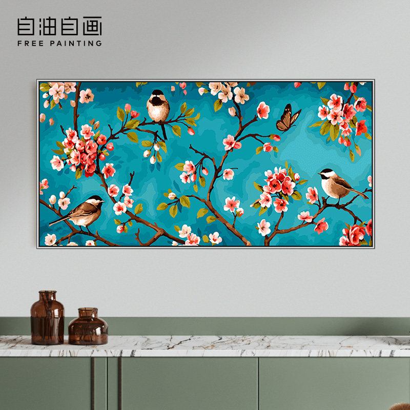 自油自画数字油画diy填色手工填充手绘油彩客厅装饰画 花鸟戏春图