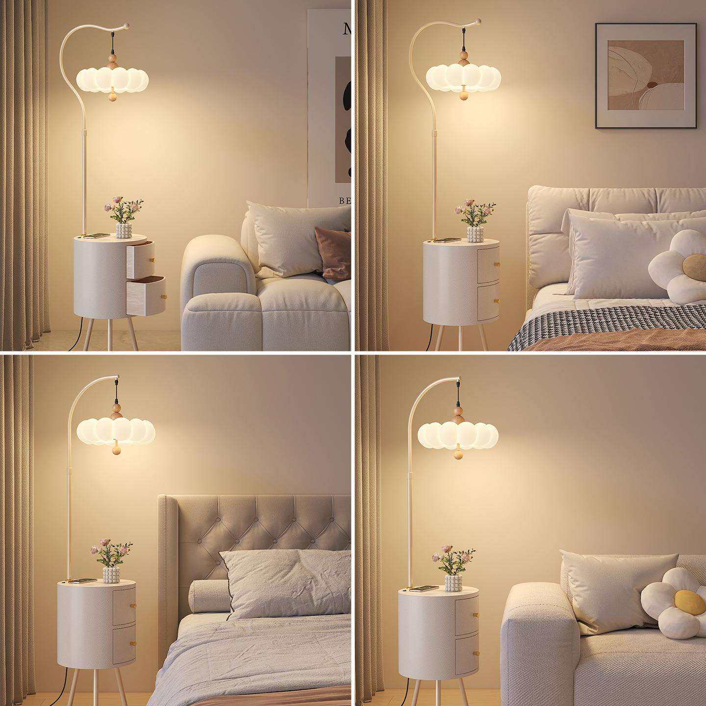 极简奶油风落地灯氛围感中古风客厅沙发旁卧室床头柜一体置物灯具