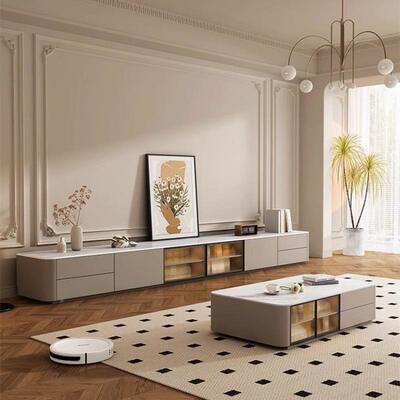 实木玻奢璃落EBY地高地款电视柜法式轻高级感岩板台新款现代简客