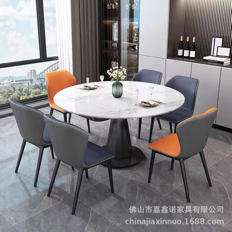 现代轻奢酒店饭店圆桌可伸缩餐桌圆形咖啡桌家用岩板餐台