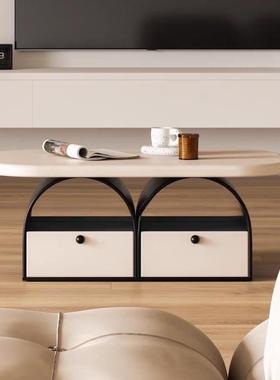 川田野奶油风轻奢圆形储物茶几客厅家用现代法式黑红色创意茶桌