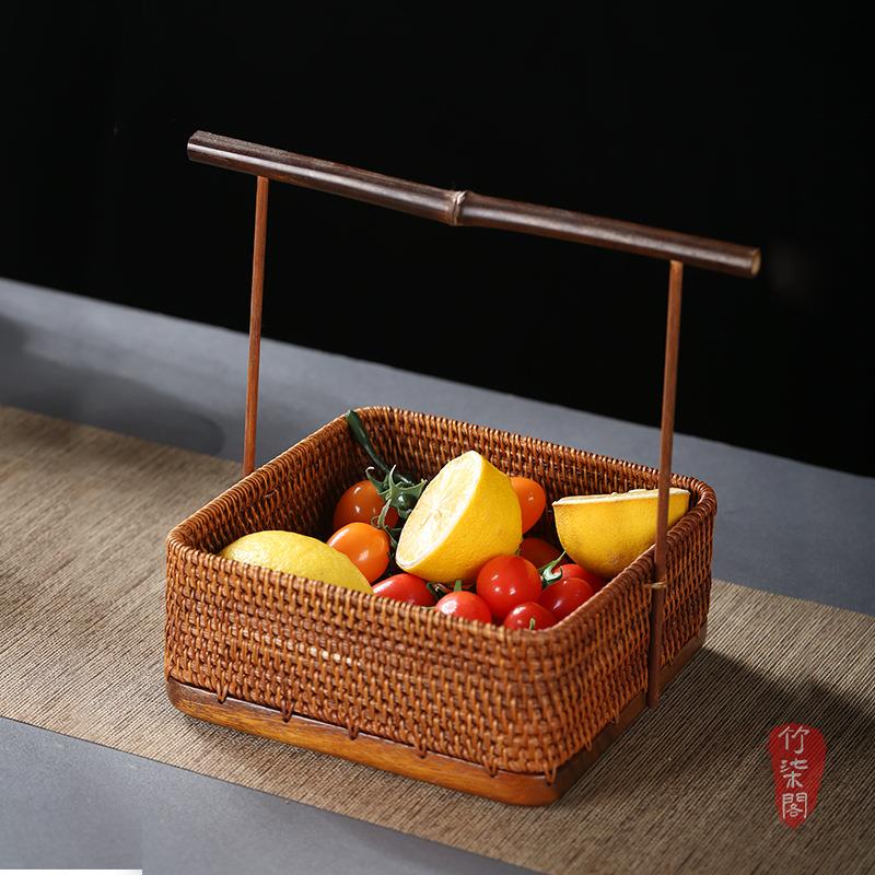 竹柒阁中式手工胡桃木藤编果盘家用水果茶点盘食盒提篮茶具收纳筐