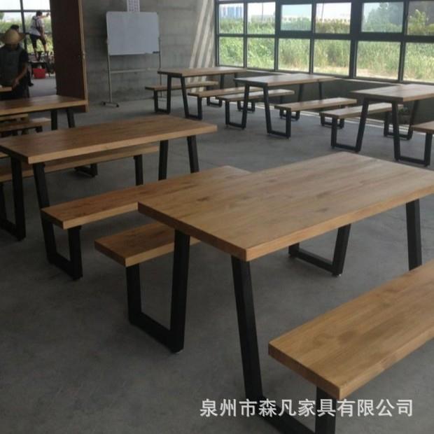 美式复古实木板连体桌椅四人位咖啡厅食堂快餐店餐厅连体餐桌组合