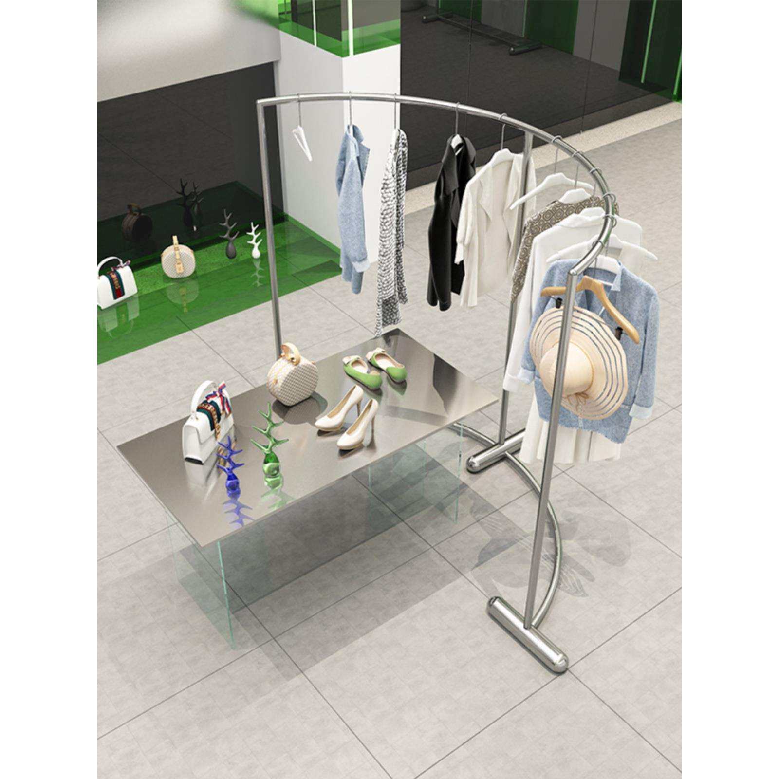 天台悦先服装店展示架弧形不锈钢拉丝银落地式中岛架男女装货架童