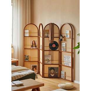 中古屏风隔断客厅卧室家用实木移动置物架子法式日式复古折叠书架