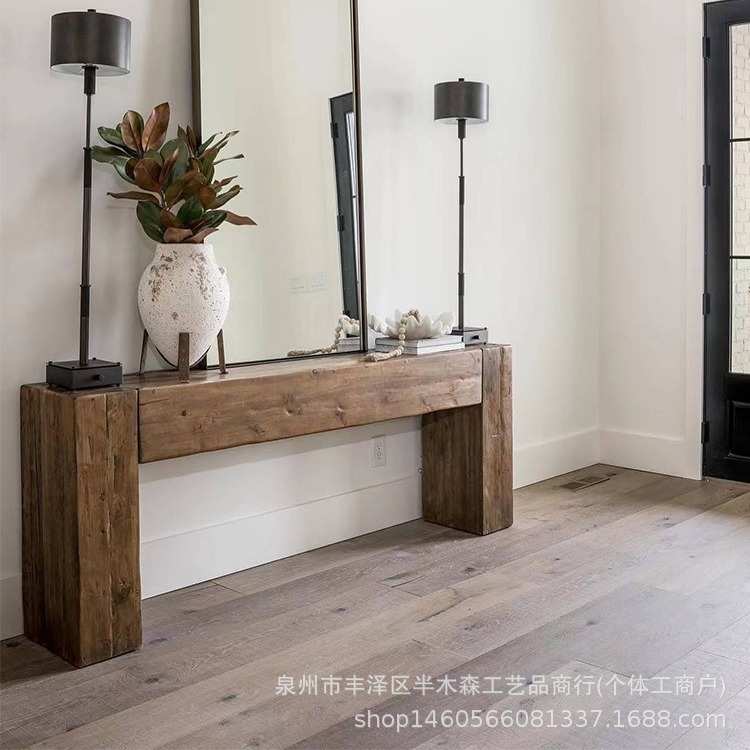美式原木玄关桌复古做旧实木进户条案工业风民宿靠墙装饰展示台