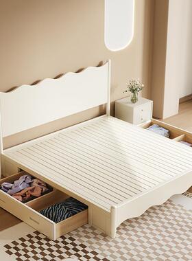 奶油风白色全实木床现代简约1.8m双人床1.5单人床1.2卧室带储物床