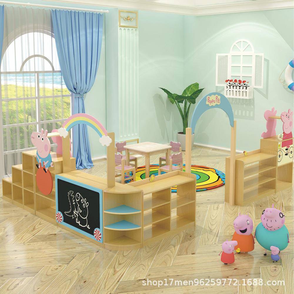 幼儿园儿童枫木纹多层板小猪玩具造型区角组合柜转角柜收纳储物柜