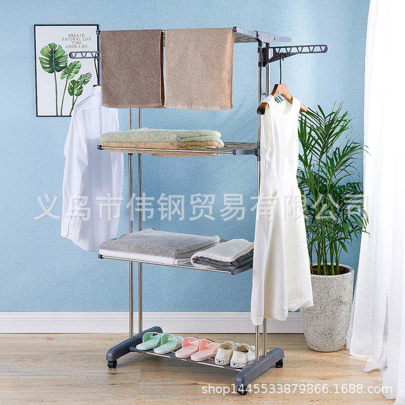 室内三层毛巾架挂衣架多功能带轮置物架翼形折叠不锈钢落地晾衣架