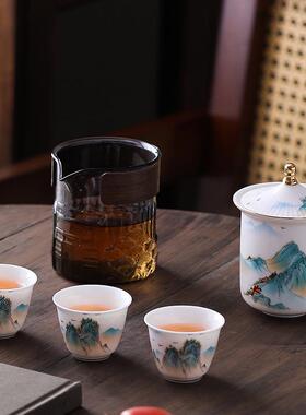 羊脂玉快客杯旅行茶具套装中式创意千里江山茶具简约泡茶壶茶杯